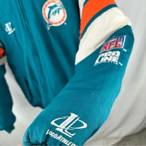 Vintage 90s Authentic Pro Line Miami Dolphins Logo Athletic Puffer Jacket Sz L - Picture 4 of 10